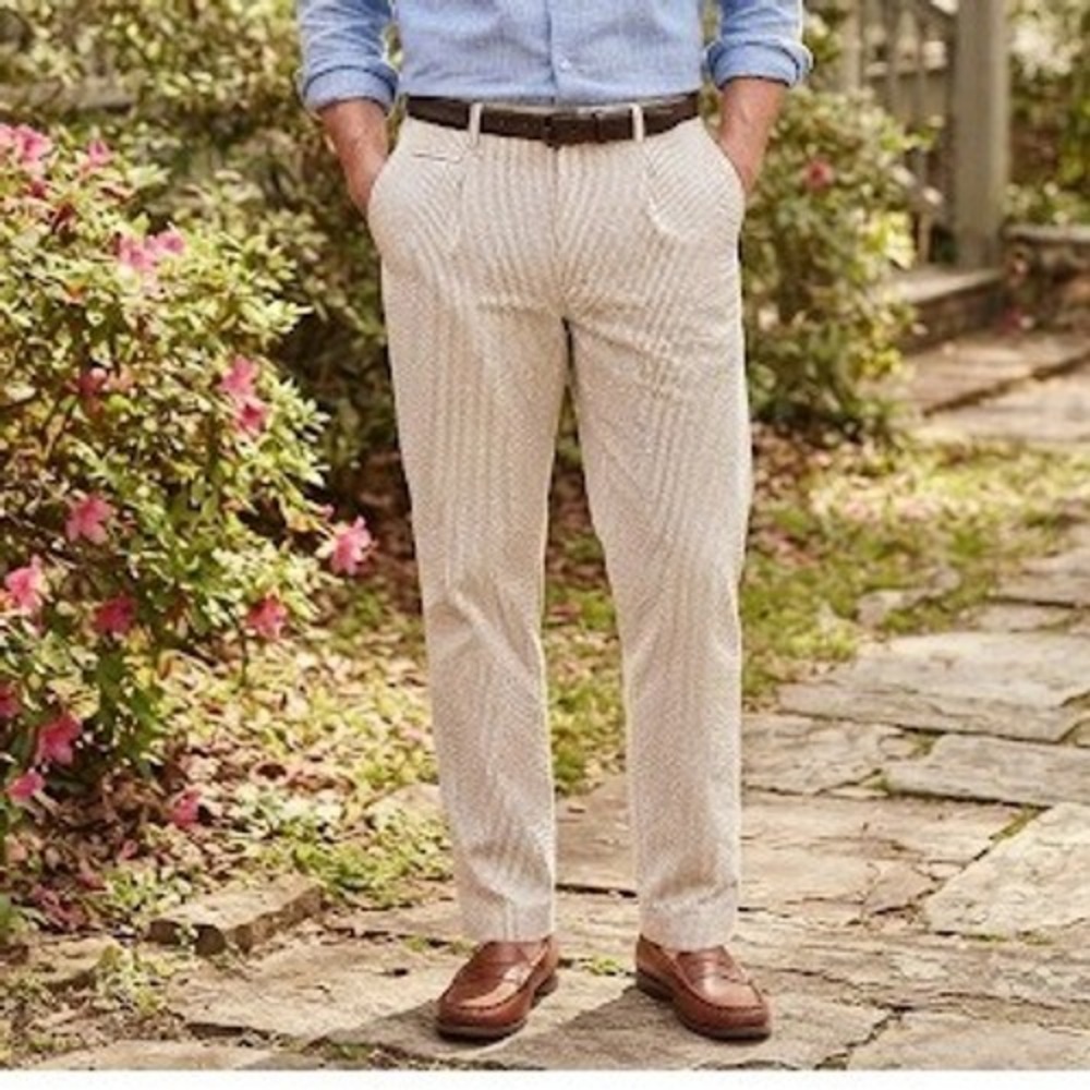 Bills Khakis Tan White Stripe Seersucker Pants Straight Leg Dress Slacks 35x30.5